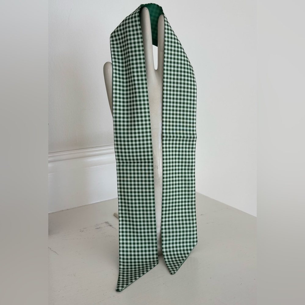 Green Gingham Ribbon Bag Scarf for bags, hair, neck, hats. - Picture 4 of 7